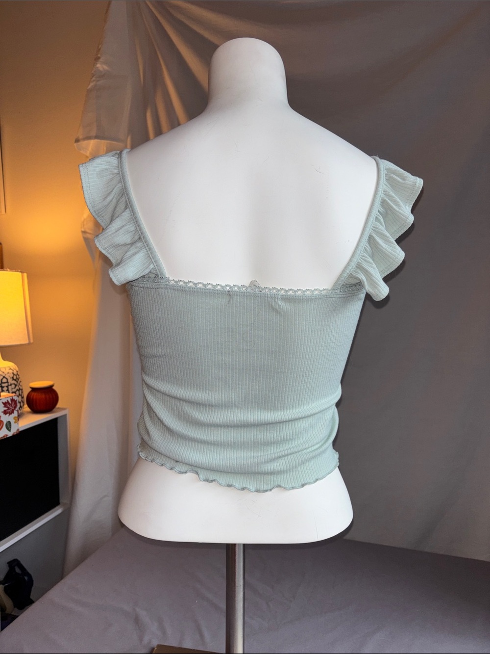 Caution To The Wind Ruffled Strap Ribbed Tank Top - Light Mint - Picture 4 of 5